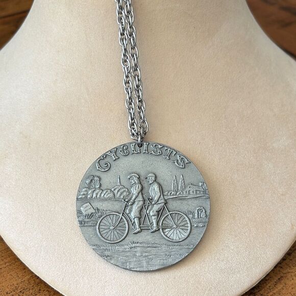 International Pewter Silver Cyclist Pendant Necklace - Picture 1 of 5